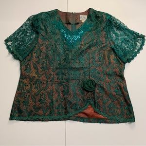 Vintage Lace Blouse Green XXXL Short Sleeve